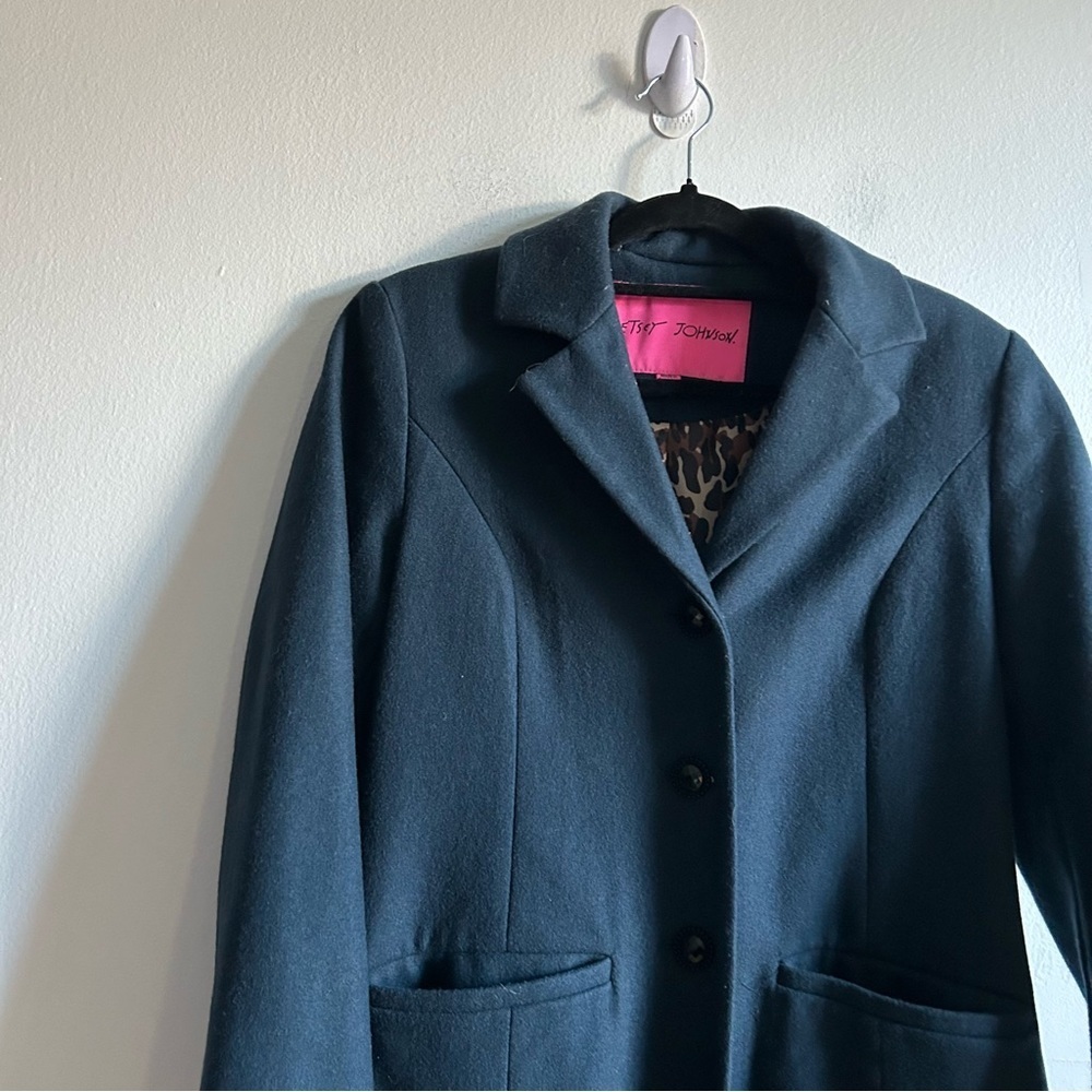 Betsey Johnson Sz 6 Wool Blend Navy Twee Bedazzled Button Coat - Picture 3 of 13